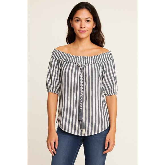 Mud Pie Women’s Striped Peasant Top with Tassel Tie – Size Small - Picture 7 of 7